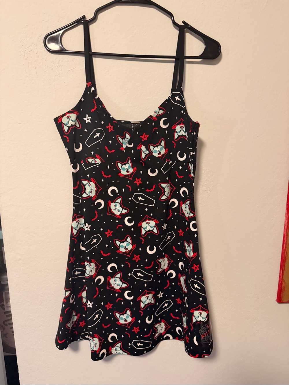 Killstar Black Gothic Cat Print Slip Dress with Crescent & Coffin Motifs